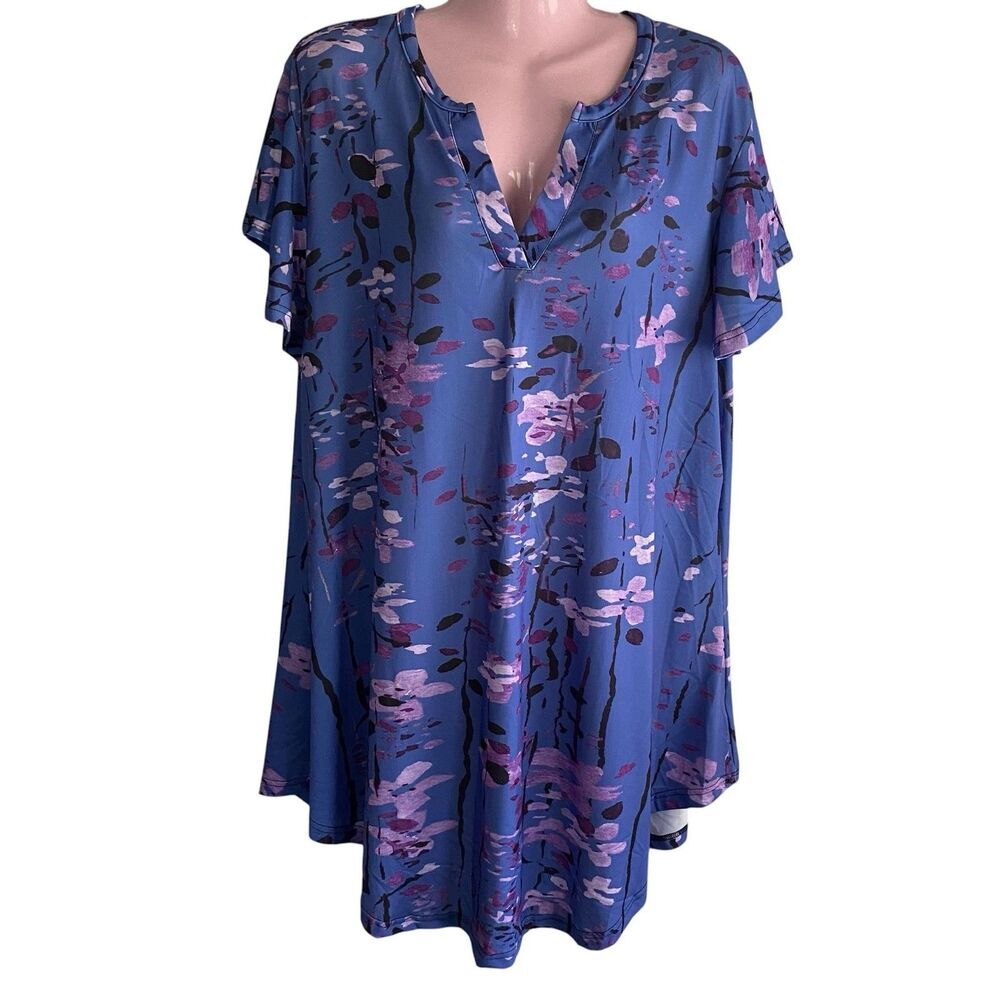 Lily By Firmiana Tunic Top Womens 3XL Blue Floral Trapeze Swing Flutter Sleeve